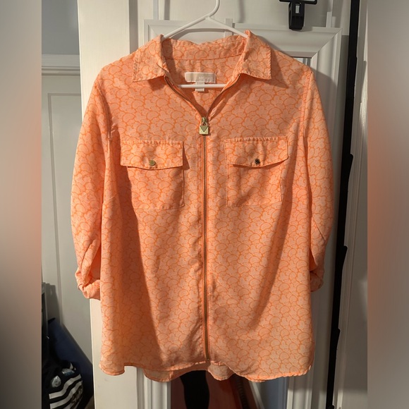 Michael Kors MK Orange Lightweight Zip Front Blouse Shirt Top